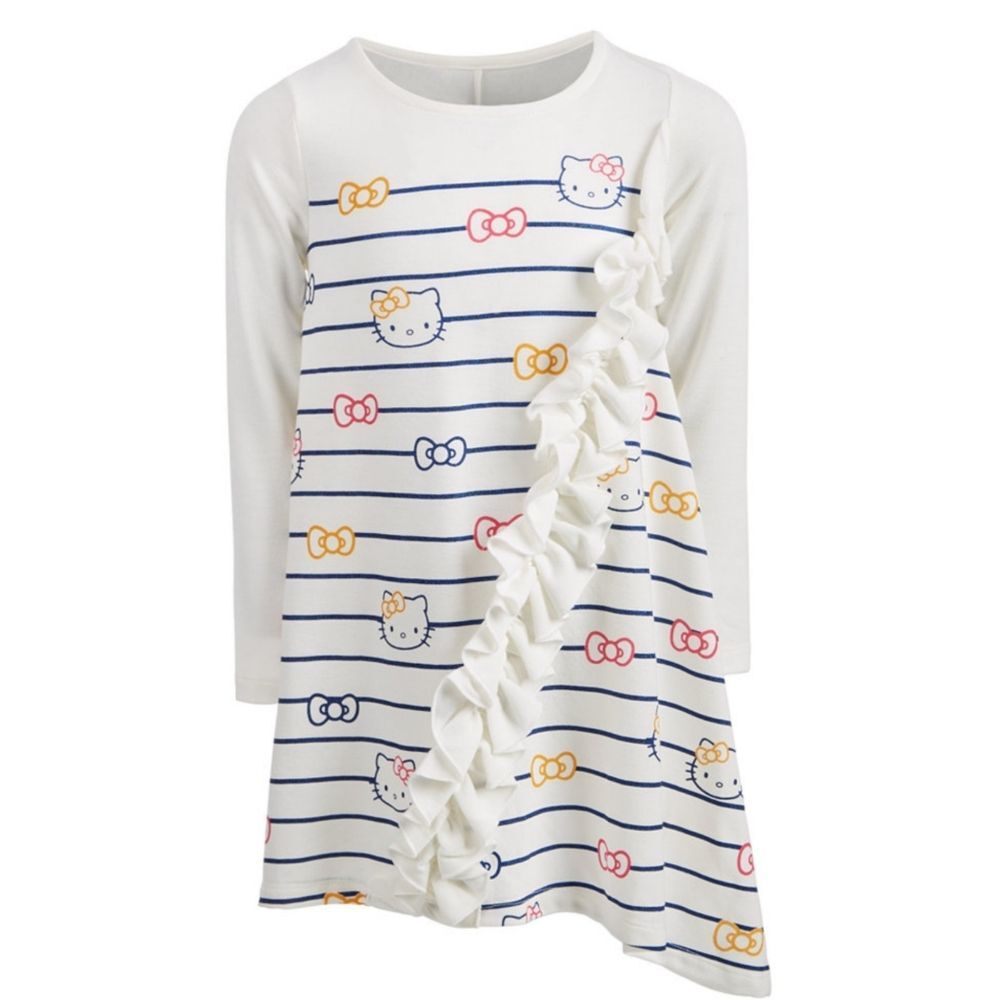 Girl Sanrio Hello Kitty Striped Ruffle White & Blue Bows Sweater Dress Size 2t